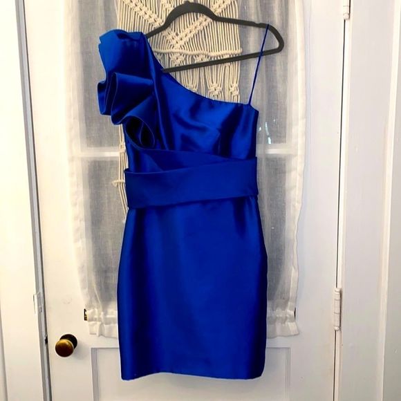 NWOT Marchesa Royal Blue Silk One shoulder Cocktail Mini Dress - Picture 4 of 11